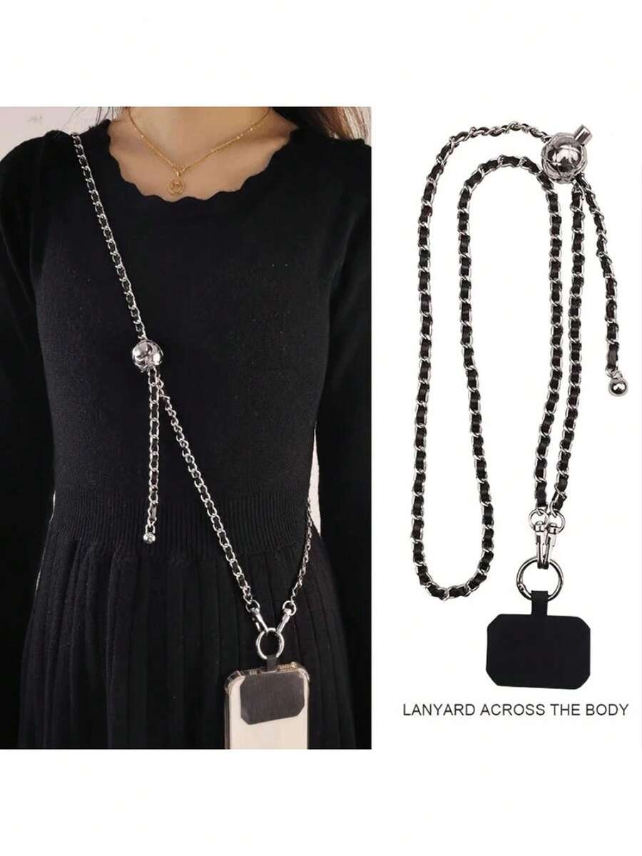 枪形黑银链条PU皮革可调节长挂绳，带透明卡套 - 彩色 - 查看 1