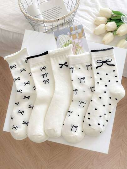 5 Pairs Princess Polka Dot Socks With Bow Design, Lace Trim, Versatile For Spring/Autumn Casual Wear, Outdoor/Picnic (Random Color)