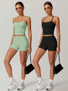 VVX Women's 2 Piece Outfits Casual Sets Ruched Camisole Tops And High Waisted Shorts/Pants Leggings Tracksuit Sets - đen/xanh - Xem 1