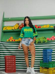 Cropped T-Shirt Brazil Top Blouse  Women's World Cup Women's National Team Look Brazilian Fans - màu xanh lá - Xem 3