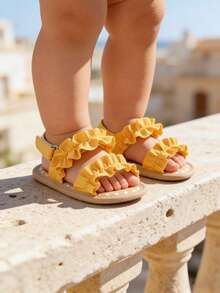 女婴凉鞋，夏季婴儿伴娘平底鞋，新生儿幼儿鞋，黄色 - 黃色 - 查看 3