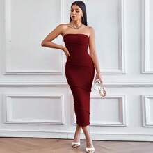 New Spring/Summer Strapless Fitted Midi Dress - Elegant Backless Party Evening Gown - Burgundy - View 8