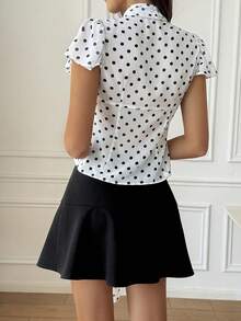 波点印花雪纺衬衫，法式优雅花瓣袖休闲衬衫 - 白色 - 查看 6
