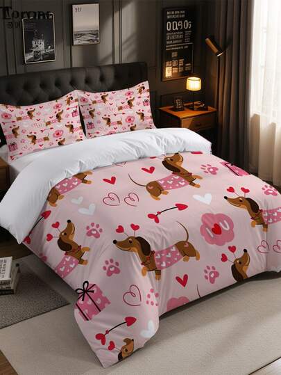 3pcs Irresistibly Cute Cartoon Dachshund Puppies Print Duvet Cover Set (1*Duvet Cover + 2*Pillowcase, Without Core), Puppies Adorned With Tiny Heart Headbands, Surrounded By Vibrant Red & White Hearts Print Design, Soft & Skin-Friendly, Soothing Visual Fatigue,Suitable For All Seasons, Zipper Closure, Suitable For Hotel, Bedroom, Guest Room And Dormitory Decoration Bedding, And Easy Care,Chic, Lightweight, Breathable, And Easy Care,Fashion Modern Simple