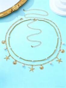 2件套波西米亚风仿贝壳和海星串珠腰链/腰带，适合女性 - 金黃色 - 查看 3