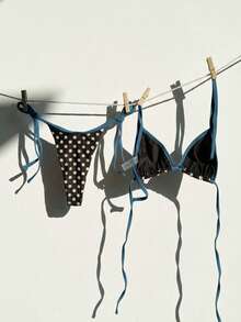 Swim Mod Bohemian Beach Vacation Bikini Two Pieces Set, Coffee & Beige Polka Dot With Contrast Tie Design Summer - Coffee Brown - View 3