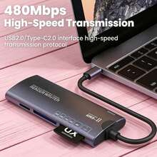 Fast Charging Multi-Function Card Reader 1pc Ostrich 6-In-1 Multi-Function Card Reader, USB High-Speed Data Transfer Adapter Compatible With Type C, SD, TF, XD, CF And M2 Storage Cards For Camera And Computer, Plug And Play No Battery Required Spring Gift Birthday Party - 彩色 - 查看 2