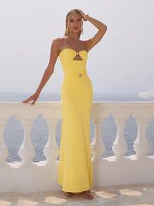 Women's Yellow Elegant Strapless Ruched Bodycon Maxi Dress, 2026 New Spring Summer Sexy Cutout Gold Hardware Detail Gown, Luxury Vacation Party Outfit For Wedding Guest, Holiday, Graduation, Beach & Going Out Occasions - Yellow - View 4