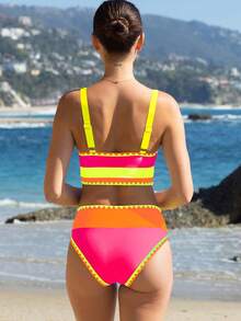 popvil Women Sporty Color-Blocked Shell Trim Bikini Three Pieces Set With U-Neck Top, High Waist Bottom And Swim Skirt For Summer Holiday Vacation Beach - Hot Pink - View 4