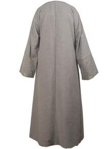 女士灰色穆斯林长袍，V领长袖连衣裙，金色月亮和星星刺绣袖口，优雅的伊斯兰时尚服饰 - 灰色 - 查看 6