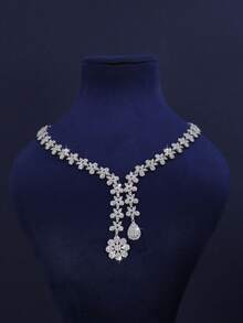 5pcs White Gold Plated Luxury Royal Style Floral Tassel Bridal Jewelry Set, Handset White Cubic Zirconia, Including Necklace, Bracelet, Earrings, Ring, Suitable For Daily Wear And Wedding, Wedding Anniversary Gift (Comes In Golden Gift Box) - White - View 5