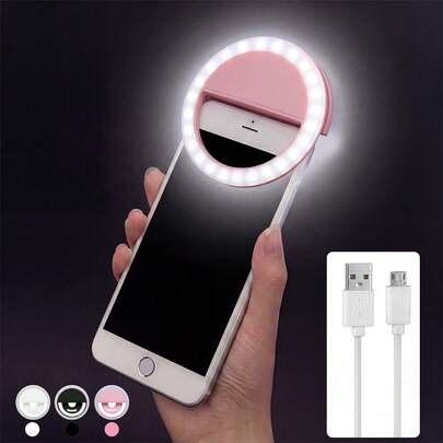 Đèn vòng LED cầm tay hai màu trắng hồng đen, pin 150mAh cải tiến, sạc USB, có thể kẹp vào điện thoại thông minh, laptop và các thiết bị khác. Lý tưởng cho chụp ảnh selfie và livestream. Công cụ thiết yếu để tạo ra những bức ảnh selfie hoàn hảo. Quà tặng sinh nhật cho nữ. Màu trắng/hồng/đen.
