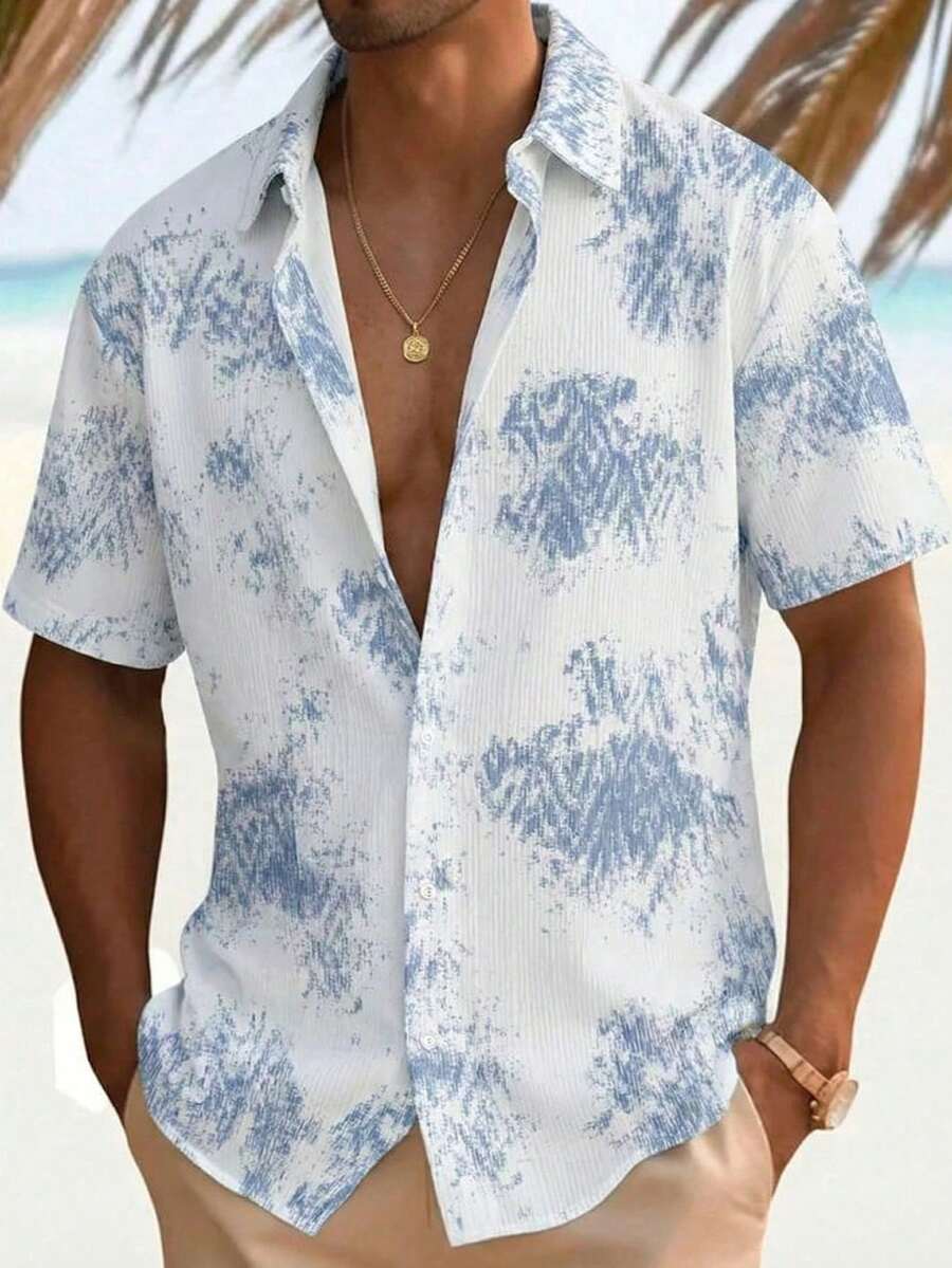 1 chiếc áo sơ mi nam tay ngắn màu xanh dương, chất liệu gân nổi, kiểu dáng thường ngày, cài nút, phong cách nghỉ dưỡng, mềm mại và thoải mái, áo sơ mi rộng rãi nhuộm màu trắng và xanh dương, phong cách nghỉ mát thường ngày, dã ngoại mùa hè, kỳ nghỉ biển, trang phục thiết yếu cho kỳ nghỉ. - Màu xanh lam - Xem 1