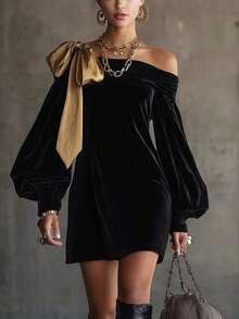 Elegant Women's Sleeveless Velvet Mini Dress With Gold Bow Detail, Long Sleeve Party Dress - 黑色 - 查看 8