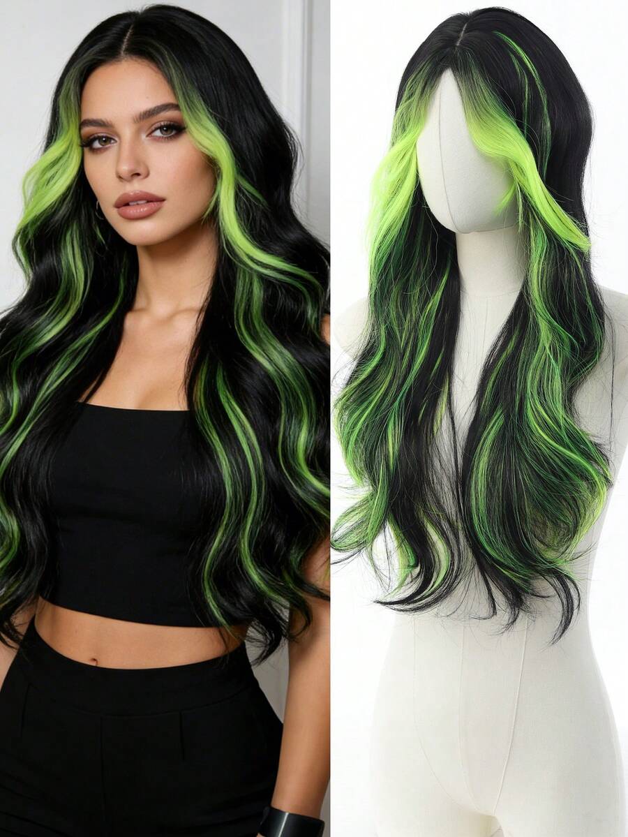 28 Inch Dyed Green Long Curly Wig With Eight Character Bangs, Heat-Resistant Fiber Synthetic Curly Wig, Suitable For St. Patrick's Day Female Role-Playing And Music Festival Wear - Multicolor - View 1