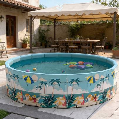 Piscina rotonda per famiglie in stile tropicale - Materiale in PVC durevole, senza bisogno di gonfiaggio, pieghevole e facile da riporre, ideale per feste in cortile e giochi in casa, con motivo a palme blu, piscina per il tempo libero | Piscina dall'atmosfera estiva | Piscina in PVC durevole, galleggianti per piscina