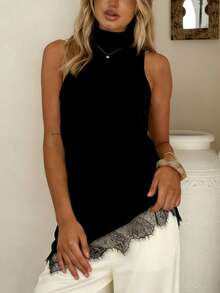 女士休闲蕾丝不对称下摆无袖宽松背心，优雅百搭的春夏街头风 - 黑色 - 查看 2