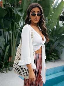 ENBEI Large Capacity Hollow Crochet Tote Bag, Women's Solid Color Crochet Handbag, Summer Hollow Beach Bag, Outdoor Travel Essential, Suitable For Female College Students, Girls, Office Ladies, Back To School Season, Vacation, Holidays, Mother's Day Gift - Beige - View 3