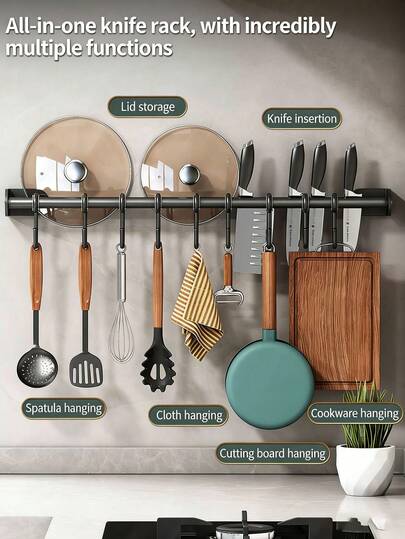 1 pieza Estante de almacenamiento multifuncional de cocina, Estante de almacenamiento de doble barra sin taladro con ganchos deslizantes, Organización de cocina ahorradora de espacio, Aspecto moderno y elegante, Construcción resistente, Organizadores y almacenamiento de cocina, Diseñado para utensilios, cuchillos, condimentos, palillos