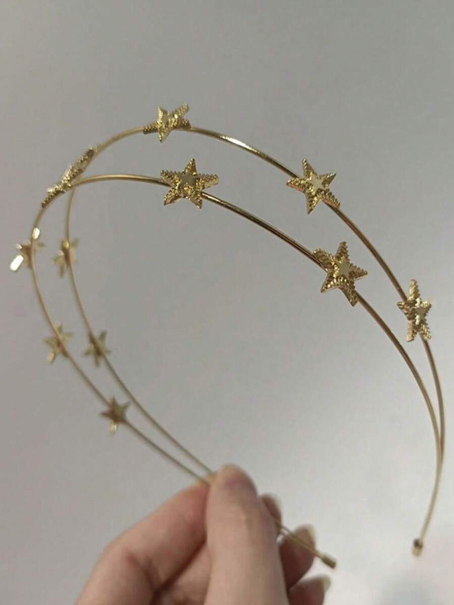 1件金属发饰，双层星星发箍，甜美简约发圈 - 金色 - 查看 1