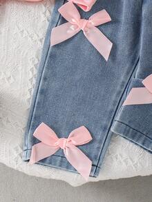 2pcs Baby Girl Casual Fashion 3D Bow Pink Short Sleeve T-Shirt Top And Bow Denim Long Pants Set - Pink - View 10
