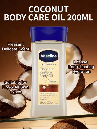 1 Flasche 200ml Vaseline Körperpflegeöl, Kokosnussduft, feuchtigkeitsspendende und nährende Formel, geeignet für trockene Haut am ganzen Körper