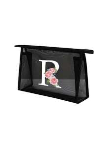 黑色网眼袋，印有创意花卉和A-Z字母图案，透明网眼化妆品收纳袋，大容量多功能旅行包，适合收纳化妆品、文具、珠宝首饰，适用于居家、旅行、商务、游泳等多种场合，也适合办公室、学校、工作、通勤、户外、旅行等。化妆包、化妆品收纳包、洗漱包、化妆品收纳袋、化妆包、洗漱袋、旅行包、度假必备品、女性旅行礼物。 - 黑色 - 查看 25