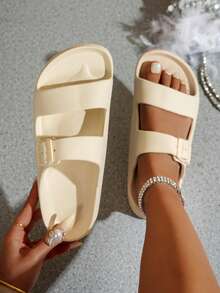 Women's Adjustable Buckle Slide Sandals, Versatile Comfortable Slippers For Outdoor, Vacation, Home Indoor Wear, All Season - White - View 5