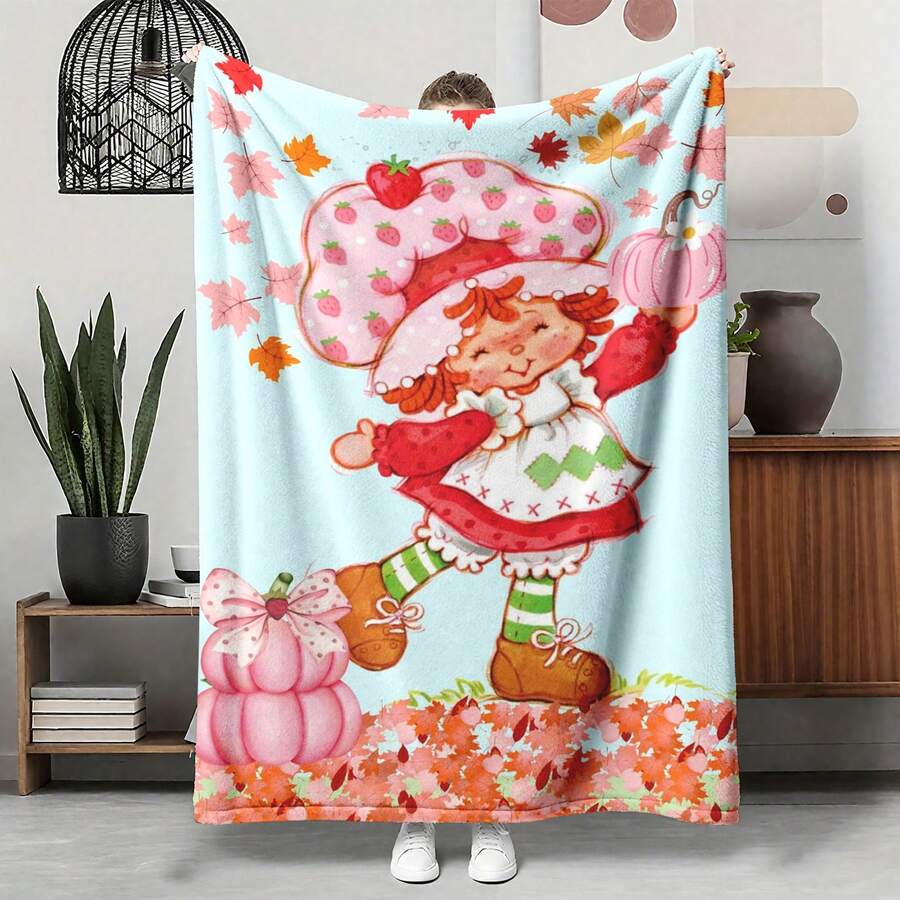 1pc Light Pink White Polka Dot S-Strawberry Pink Shortcake Cuddling Bunny Plush Print Flannel Blanket, 80s Nostalgic Gift For Fans, Sweet Themed Decor, Collectible & Cozy Throw,With For Couch, Bed, Camping, Travel, Office, Home Nap, Multipurpose Gift Flannel Blanket - multicolour 2 - 查看 1