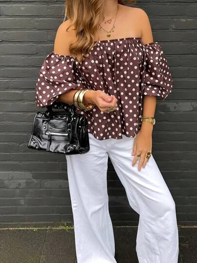 Women's Polka Dot Print Off-Shoulder Puff Sleeve Loose Top, Fashionable Resort Style For Summer