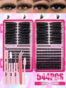 608/544/528片装DIY单根假睫毛，多款式假睫毛一盒，8-16毫米混合长度条状假睫毛，柔软持久，套装包含睫毛胶、定型液、刷子和镊子，适合日常、约会、派对和节日，易于佩戴。 - 粉色 - 查看 3
