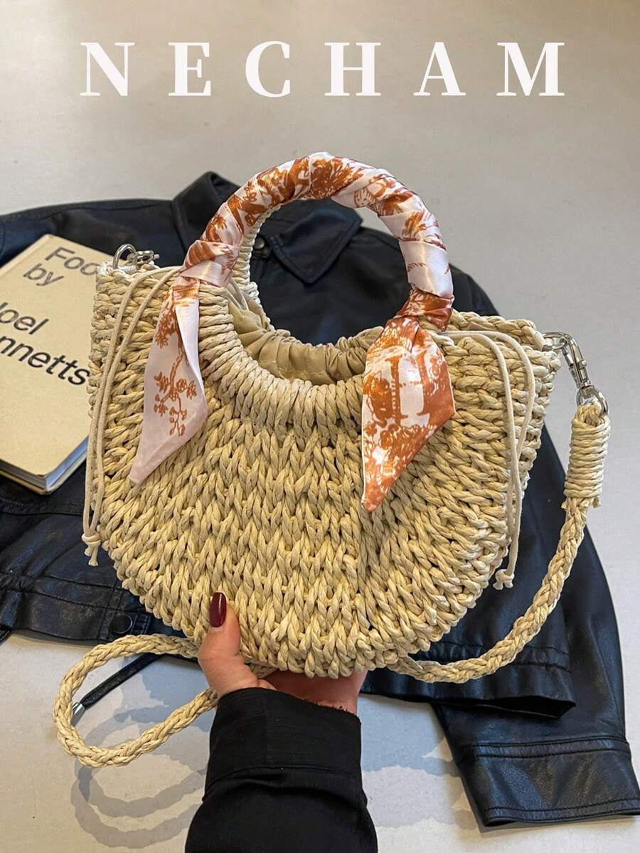 1 pieza Bolso de tote casual con forma de media luna de paja de moda, bolso de hombro versátil con estilo de campo francés - Beis - Ver 1