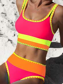 popvil Women Sporty Color-Blocked Shell Trim Bikini Three Pieces Set With U-Neck Top, High Waist Bottom And Swim Skirt For Summer Holiday Vacation Beach - Hot Pink - View 3
