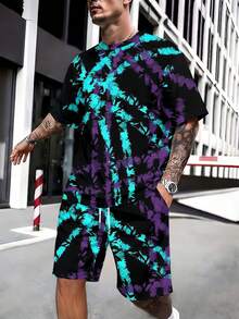 Two-Piece, Distinctive Geometric, Knitted Fabric, Crisp Lines, Men's Poolside Relaxation, Summer Island Getaways, Black Background With Purple-Teal Radial Pattern, Men's Short-Sleeve Beach Pants Set - Nhiều màu - Xem 3