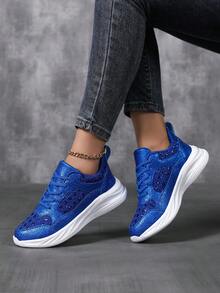 1 Pair Women's Thick Sole Casual Sneakers, Glitter Walking Shoes Platform Shoes, Blue - Blue - View 1