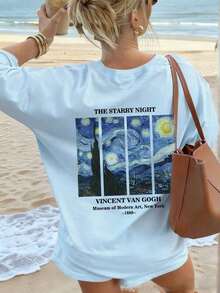 Women's Summer Personalized Letter Printed Pattern Round Neck-Shirt Fashionable And Versatile Women's Half Sleeve Small Shirt With Van Gogh Starry Print. Graphic Tees Women Pink Top White Top Black Top - 淺藍色 - 查看 6