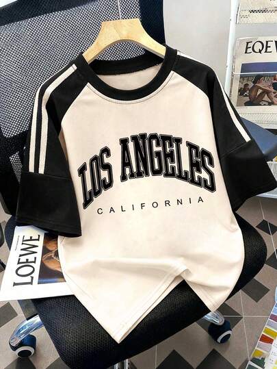 Girls' Los Angeles Letter Print T-Shirt, Apricot And Black Color Block Raglan Sleeve Design, Fashionable Girls Clothing, Casual Short Sleeve, Suitable For Spring And Summer Wear