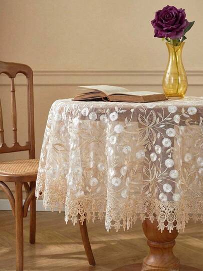 Cirelle 1 Peça Toalha de Mesa Redonda de Tecido de Organza, Com Acabamento de Renda Solúvel em Água, Bordado Requintado, Adequada para Cozinha, Sala de Jantar, Sala de Estar, Várias Tamanhos Disponíveis, Resistente a Manchas, Pode Ser Usada para Decoração Doméstica, Festivais, Jantares ao Ar Livre, Piqueniques