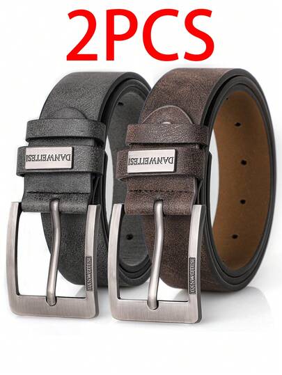 2Pcs Set Men's Designer Casual Belts With Metal Needle Buckle - High-Quality Faux Leather Fashion Luxury Belt, Versatile For Everyday & Formal Wear, Everyday Accessory | Modern Belt Design | Durable Belt, Perfect Father's Day And Valentine's Day Gifts