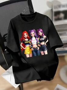 Teenage Girls' Cartoon Print Round Neck T-Shirt, Y2K Style Casual Soft & Comfortable Top, Spring/Summer - Black - View 2