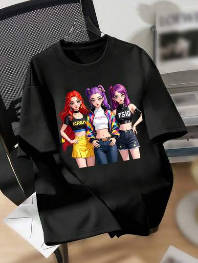 Teenage Girls' Cartoon Print Round Neck T-Shirt, Y2K Style Casual Soft & Comfortable Top, Spring/Summer