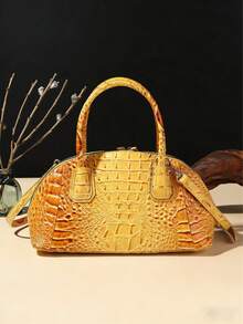 Luxury Crocodile Pattern Handbag, Retro Genuine Purse, Women's Classic Boston Bag & Shoulder Bag - Màu vàng - Xem 4