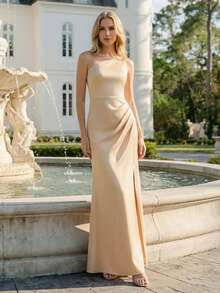 EVERPRETTY 新款优雅缎面露肩无袖侧开衩香槟色伴娘礼服，适合夏季婚礼宾客和节日场合的正式晚礼服 - 香檳色 - 查看 2