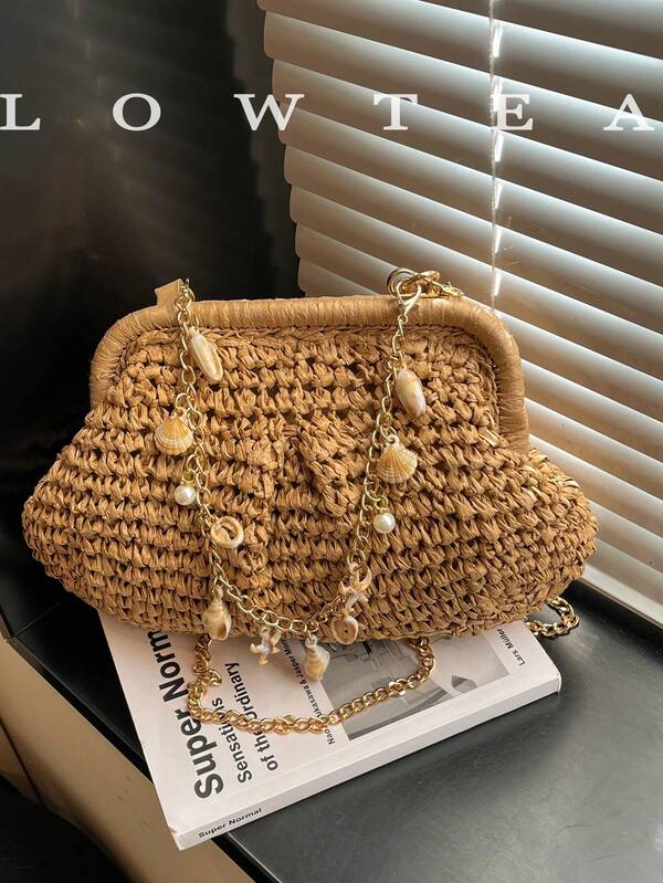  1pc Low Tea Solid Color Woven Fabric Shoulder Bag, Women's Retro Fashion Woven Shoulder Bag, Zippered Closure, Detachable And Adjustable Shoulder Strap For One Shoulder Or Crossbody Use, Suitable For Travel, Shopping, Dating, Women's Gift, Great For Commuting, Outdoor, Travel, Hiking (With Pendant)