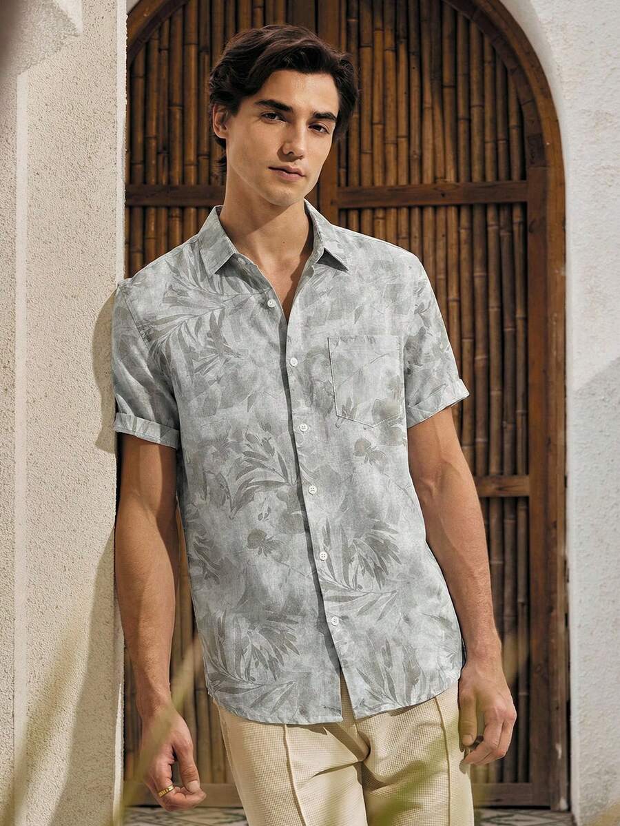 Mercer Haus 渐变叶印花男式纽扣口袋短袖夏威夷衬衫 - 淺灰色 - 查看 1