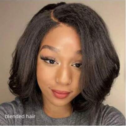 Kinky Straight Bob Short Yaki Straight Human Blended Hair Wigs For Black Women Kinky Straight Human Blended Hair Wig Pre Plucked 180 Density 13x4 HD Frontal Wigs Human Blended Hair Glueless Yaki Wig 8-36inch Natural Black