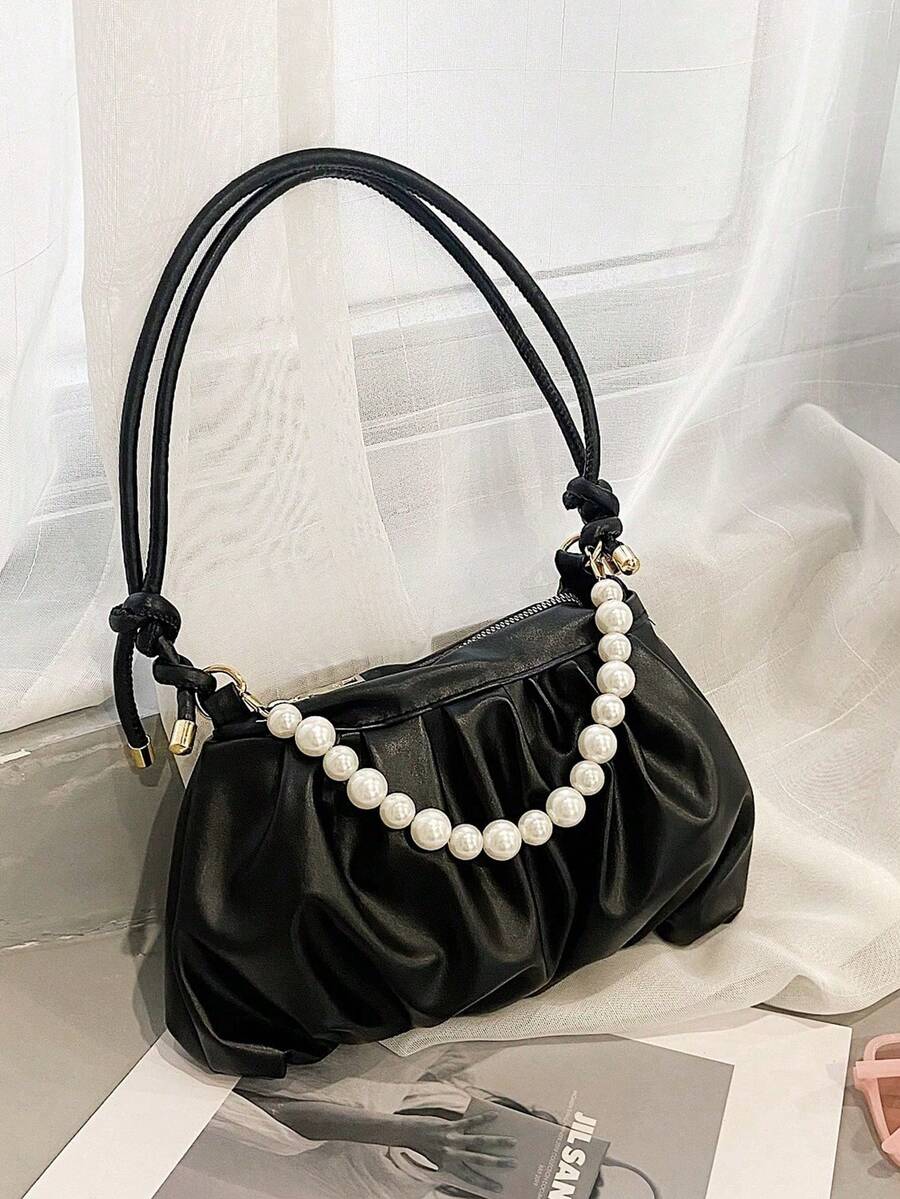 Bolso plisado de unicolor con perlas - Negro - Ver 1