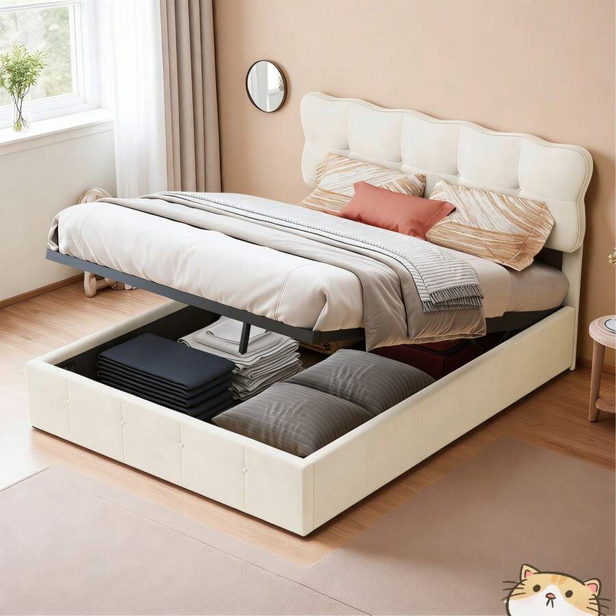 Comanlai 140/160 x 190/200 cm Polsterbett Bettgestell, Doppelbett mit Lattenrost, weiches und kuscheliges Kopfteil für Mädchen, Stauraumbett mit Hydraulik, Jugendbett,Samtbettrahmen, ohne Matratze,Beige - Beige - Übersicht 1