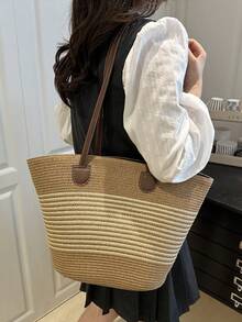 大容量度假沙滩包，女士编织手提包，时尚草编单肩包 - 米色 - 查看 4