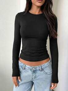 Long-Sleeve, Round-Neck, Slim-Fit White T-Shirt, Everyday Casual And Versatile Top, Basic Autumn And Winter Inner Layer. Spring Black - Black - View 7